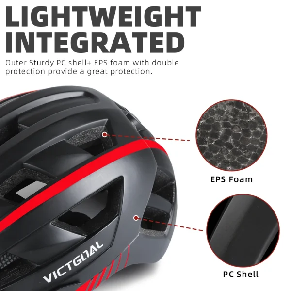 VICTGOAL MTB and Road Bike Helmet – Visor, Goggles, LED Rear Light, Safety Cycling Helmet for Men and Women - Image 5