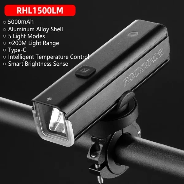 ROCKBROS 1500LM Bike Light | 5000mAh Type-C Rechargeable LED Front Lamp, IPX6 Waterproof, Aluminum Cycling Headlight - Image 7